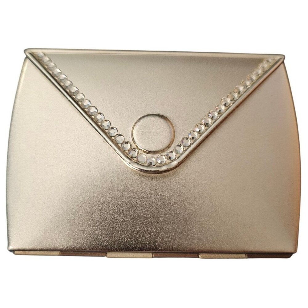 Gold Compact Mirror With Rhinestone Trim & Organza Bag For Purse Or Travel